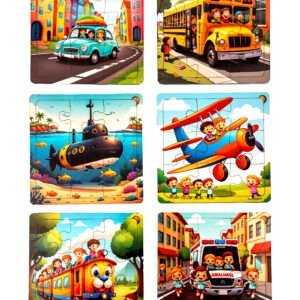 WoodyBugz Wooden Transport Puzzle Set – 6 Fun Vehicle Themes for Kids